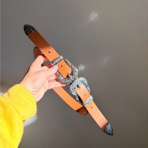 Tan Leather Belt with Silver Double Buckle